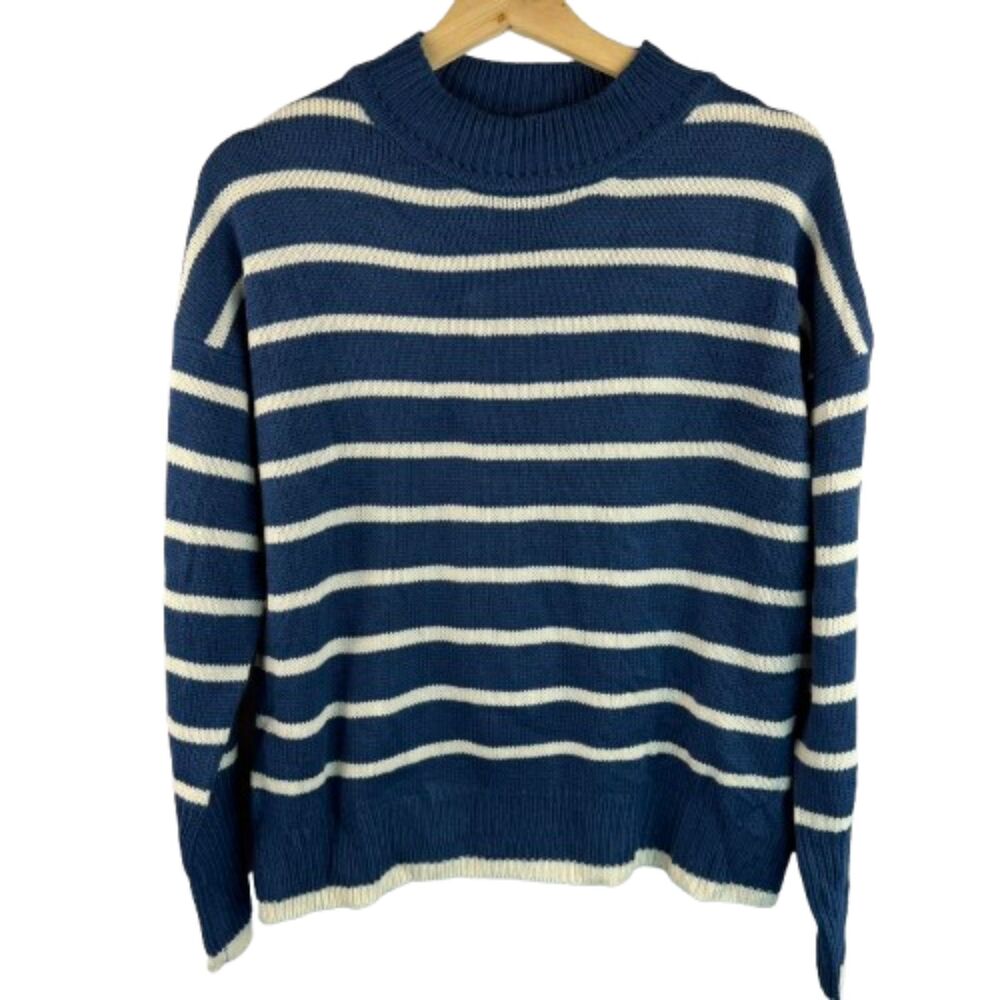Cupshe Blue & White Striped Knit Sweater Size Small Coastal Preppy Crew Neck NWT